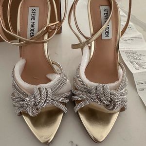 Steve Madden Gold Metallic Crystal Knot Ankle Strap Heels